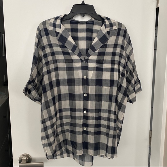 NWOT Theory cotton plaid camp shirt, navy plaid size L - Picture 4 of 8